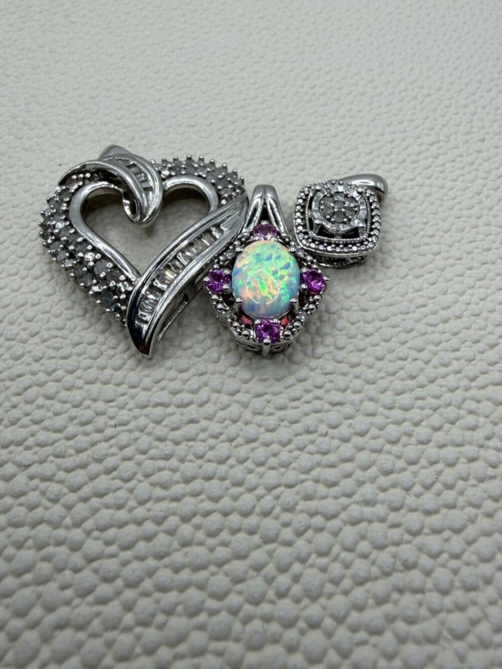 Sterling Silver Pendant Bundle with Chain – Diamond Heart, Diamond Circle & Opal